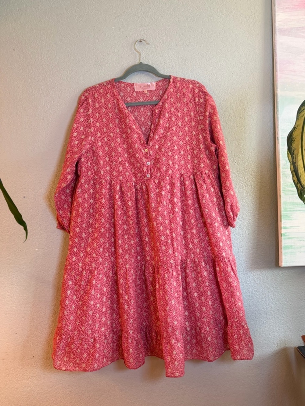 Scandal Ordell Cotton Pink Gold Bohemian Tiered Balloon Sleeve V-neck Dress L - Picture 5 of 10